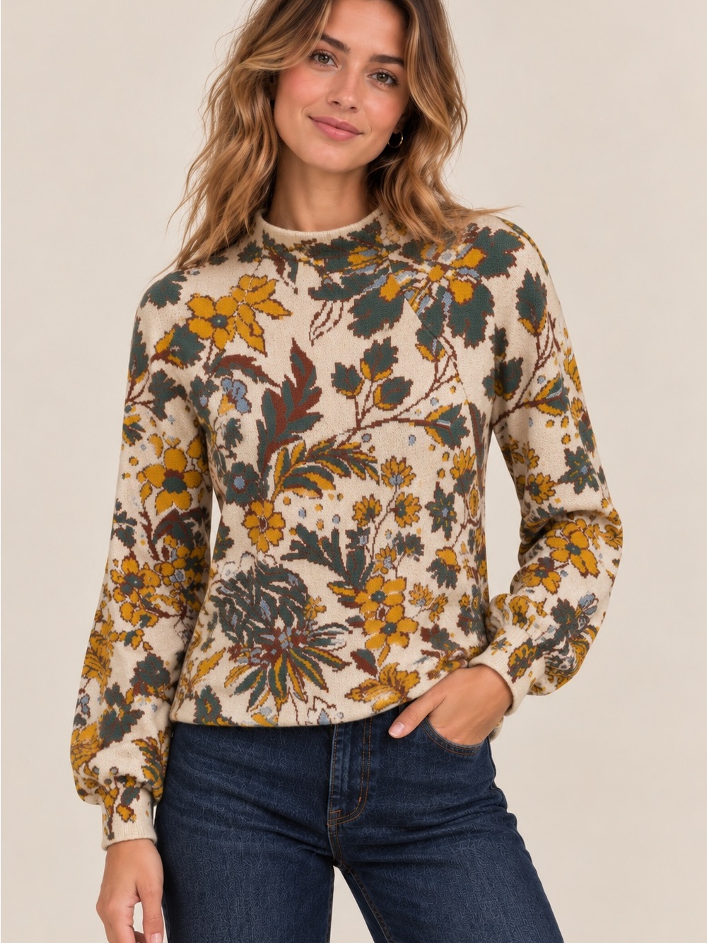 Anthropologie Floral Mock Neck Sweater